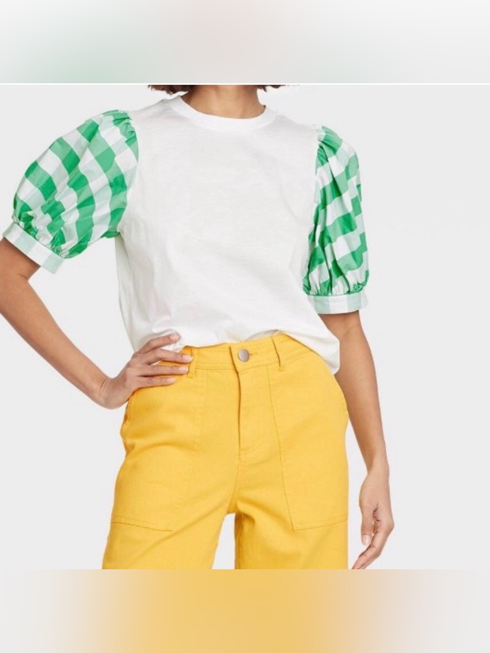 Who What Wear Women’s Medium Green White Gingham Puff Sleeve Tee Shirt Top M